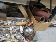 A QUANTITY OF SUNDRIES TO INCLUDE A SMALL PAIR OF LEATHER HALF CHAPS. TINS, TRAY OF FLATWARE ETC