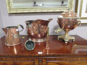 A VINTAGE COPPER SAMOVAR, WITH A COAL SCUTTLE, JUG & HUNTING HORN