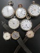 A SMALL TRAY OF THREE WRISTWATCHES AVALON, BASIS AND MARCEL, TOGETHER WITH FIVE POCKET WATCHES TO