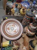 TWO TRAYS OF ASSORTED CERAMICS ETC TO INCLUDE A CAST FIGURE OF A TRUMPETER A/F CLAY POTS ETC