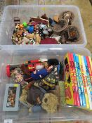 TWO TRAYS OF ASSORTED DOLLS HOUSE FURNITURE, FIGURES, BEANO ANNUALS ETC