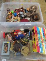 TWO TRAYS OF ASSORTED DOLLS HOUSE FURNITURE, FIGURES, BEANO ANNUALS ETC