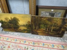 A PAIR OF GILT FRAMED OIL ON CANVAS DEPICTING SHEEP AND CATTLE SIGNED J MORRIS 51 X 76 CM