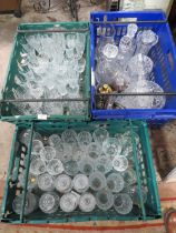 THREE TRAYS OF ASSORTED CUT GLASS ETC TO INCLUDE DRINKING GLASSES (TRAYS NOT INCLUDED)