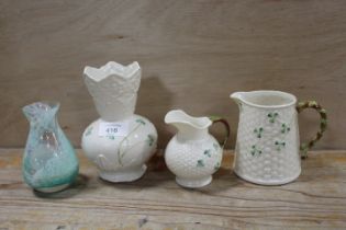 A SMALL COLLECTION OF BELLEEK TOGETHER WITH A CAITHNESS VASE