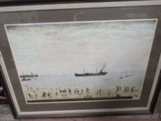 A LARGE FRAMED LOWRY PRINT TOGETHER WITH TWO LARGE TERENCE CUNEO A/F