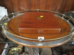 A CHROME MOUNTED TWIN HANDLED OAK GALLERY TRAY TOGETHER WITH A CASED SET OF BONE HANDLED DESSERT