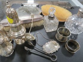 A BOX OF HALLMARKED SILVER ETC TO INCLUDE PEPPERETTES, DRESSING TABLE SET ETC