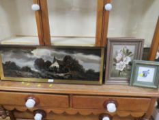 A FRAMED EDWARD ELLIS OIL ON BOARD WITH TWO MODERN FLORAL PICTURES (3)