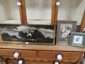 A FRAMED EDWARD ELLIS OIL ON BOARD WITH TWO MODERN FLORAL PICTURES (3)