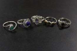 A COLLECTION OF FIVE 925 SILVER GEMSTONE DRESS RINGS TO INC JADE, TIGERS EYE, AMETHYST, ETC