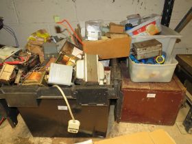 A BOX CONTAINING VARIOUS LARGE RADIO / TV TRANSFORMERS, TOGETHER WITH AN ASSORTMENT OF LARGE