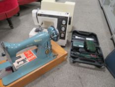 A CASED VINTAGE ALPHA SEWING MACHINE TOGETHER WITH A TOYOTA EXAMPLE AND A CASED PARK SIDE MODELING