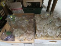 TWO TRAYS OF GLASSWARE TO INCLUDE DRINKING GLASSES , CANDLESTICKS ETC