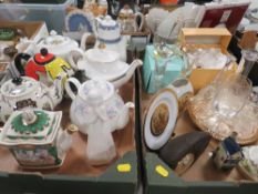 TWO TRAYS OF CERAMICS AND GLASS TO INCLUDE ASSORTED TEA POTS ETC