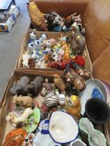 THREE TRAYS OF CERAMIC ANIMAL FIGURES ETC