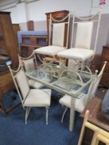 A MODERN GLASS AND METAL DINING TABLE AND SIX CHAIRS