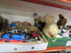 SMALL QUANTITY OF TOYS AND CARS TO INCLUDE A BUGATI BURAGO TOGETHER WITH A TRAY OF SOFT TOYS AND
