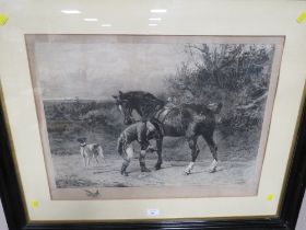 A. GRAVIER A LARGE ENGRAVING OF A HUNTSMAN, HORSE AND HOUND 46.5 X 63 CM