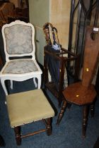A PAINTED LOUIS XV STYLE BEDROOM CHAIR, OAK STOOL x 2 AND A STICKSTAND (4)