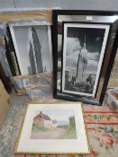 A PAIR OF NEW YORK FRAMED PHOTOGRAPHS ALONG WITH A COASTAL WATER COLOUR
