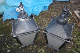 TWO VINTAGE CAST ALUMINIUM OUTSIDE WALL HANGING LIGHTS