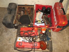 THREE TRAYS OF ASSORTED TOOLS TOGETHER WITH A TROLLEY JACK AND A HILTI TE14 HAMMER DRILL