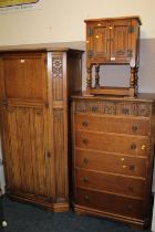 AN OAK LINENFOLD GENTS WARDROBE & A SIX DRAWER CHEST (2)