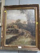 AN OIL ON CANVAS DEPICTING SHEEP CROSSING A BRIDGE SIGNED LOWER RIGHT