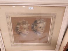 A FRAMED DRAWING DEPICTING TWO YOUNG BOYS DATED 1958, 30.5 X 38CM