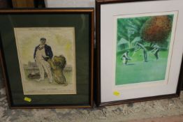 A FRAMED AND GLAZED CRICKETING THEMED PLATE ENTITLED 'THE LION-TAMER' TOGETHER WITH A SIGNED LIMITED