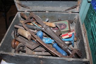 A WOODEN TOOLBOX AND VINTAGE TOOLS
