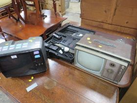 A VINTAGE RADIO SHACK PORTABLE TV, A KUBA PORTA COLOUR PORTABLE TV, CASED PANASONIC VINTAGE VIDEO