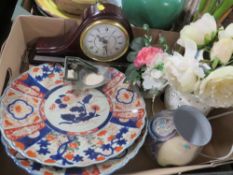 A TRAY OF CERAMICS ETC TO INCLUDE MODERN CHINESE IMARI STYLE CHARGERS