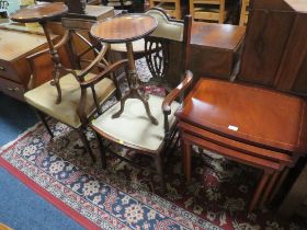 A REPRODUCTION NEST OF TABLES, TWO ANTIQUE ARMCHAIRS AND TWO WINE TABLES (5)