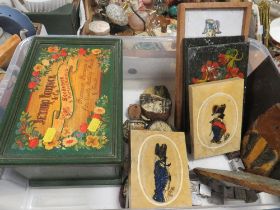 A TRAY OF HAND PAINTED TREEN, SLATE STONEWARE ETC