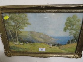 JOHN FULLWOOD A COASTAL WATERCOLOUR WITH A SHEPHERD AND HIS FLOCK 22.5 X 38 CM