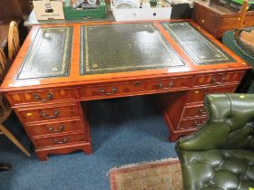 A QUALITY YEW WOOD AND GREEN LEATHER TOPPED TWIN PEDESTAL DESK - W 152 cm