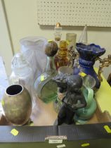 A TRAY OF ASSORTED GLASS AND CERAMICS TO INCLUDE DECANTERS