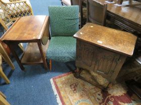 A SMALL OAK GOTHIC BEDSIDE CABINET, OAK TROLLEY AND RETRO CHAIR (3)