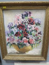 A GILT FRAMED OIL ON BOARD IMPRESSIONIST STILL LIFE SIGNED LOWER LEFT