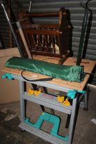 A SELECTION OF ITEMS TO INCLUDE A WOLFCRAFT FOLD AWAY WORK BENCH, GARDEN TOOLS, MAGAZINE RACK ETC