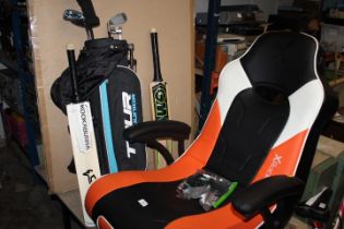 AN X ROCKER GAMING CHAIR, JUNIOR GOLF CLUBS AND TWO CRICKET BATS