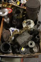 A TRAY OF ASSORTED METAL WARE TO INCLUDE A GILT DOUBLE PICTURE FRAME, JAPANESE STYLE BAMBOO DESIGN