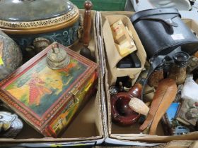 TWO TRAY OF COLLECTABLES TO INCLUDE BINOCULARS , PIPES ETC