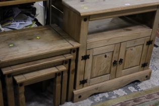 A MODERN COLONIAL STYLE CABINET TABLE AND NEST OF TABLES