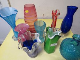 A SELECTION OF STUDIO GLASS VASES ETC