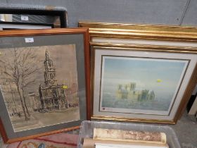 A GILT FRAMED AND GLAZED PRINT OF A VIEW OF BIRMINGHAM FROM HIGHGATE FIELDS TOGETHER WITH A