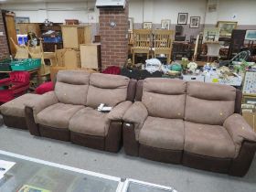 A PAIR OF MODERN SUEDE EFFECT ELECTRIC RECLINING SOFAS AND STOOL