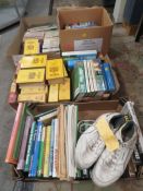 FOUR TRAYS OF ASSORTED CRICKET BOOKS TO INCLUDE WISDEN ALMANACS ETC TOGETHER WITH A PAIR OF VINTAGE